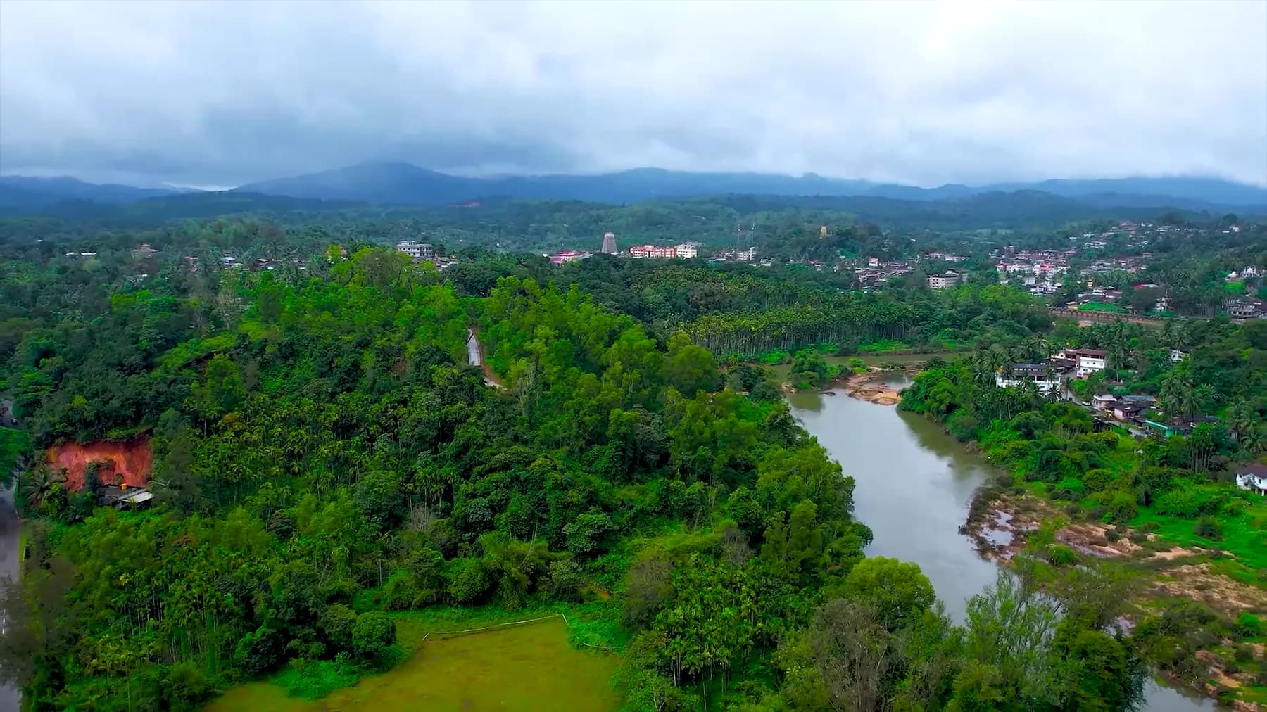 Aerial view of the green Tunga River landscape around Sringeri