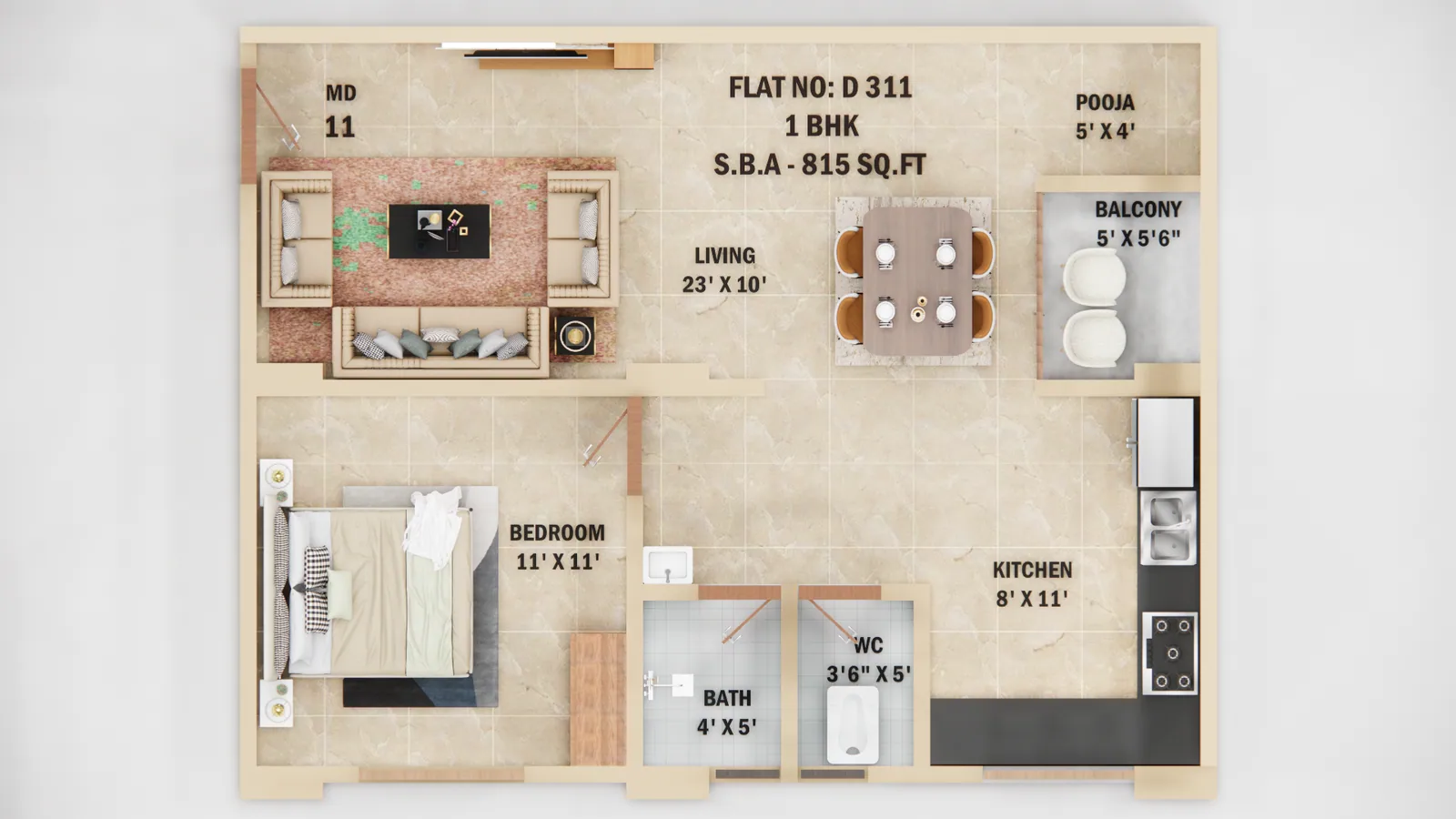1 BHK residence floor plan at Vani Vilasa