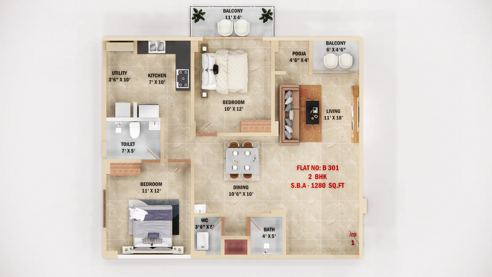 Floor plan preview for the 2 BHK residence