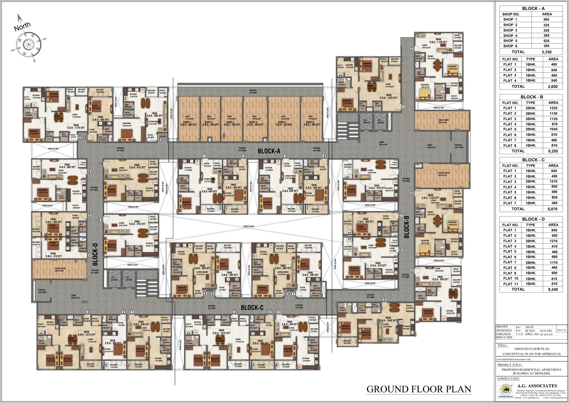 Ground floor plan of Blocks A, B, C and D at Vani Vilasa