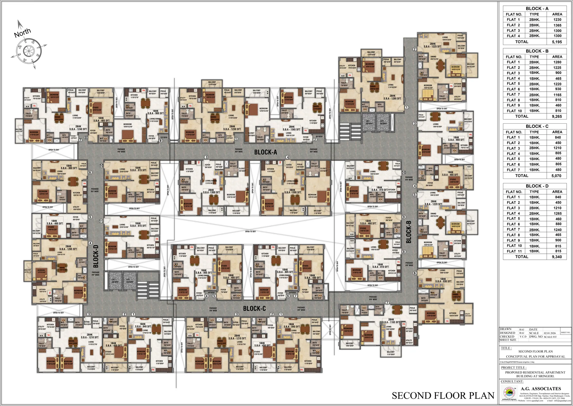 Second floor plan showing residences across Vani Vilasa Blocks A to D